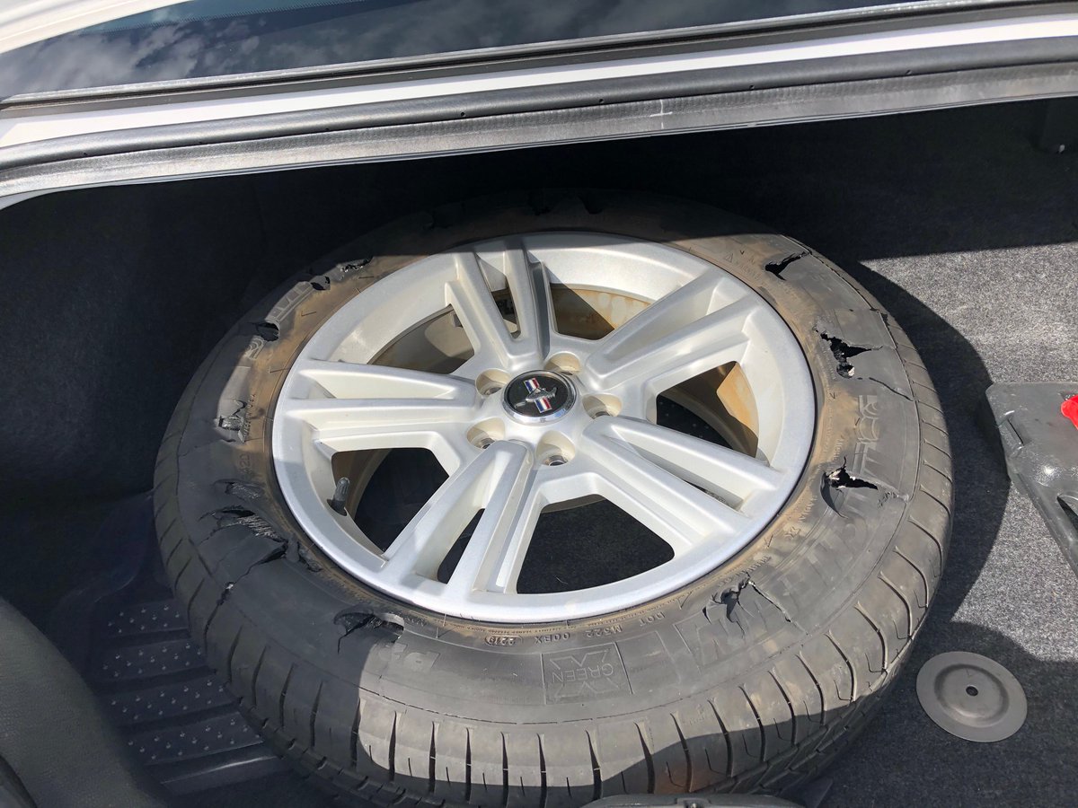 NABJ4's tweet photo. Anyone else having a problem with #michelin tires? This one shows it was made in 2019. It was put on the car in August, collapsed like this in November. https://t.co/uylloszQBG