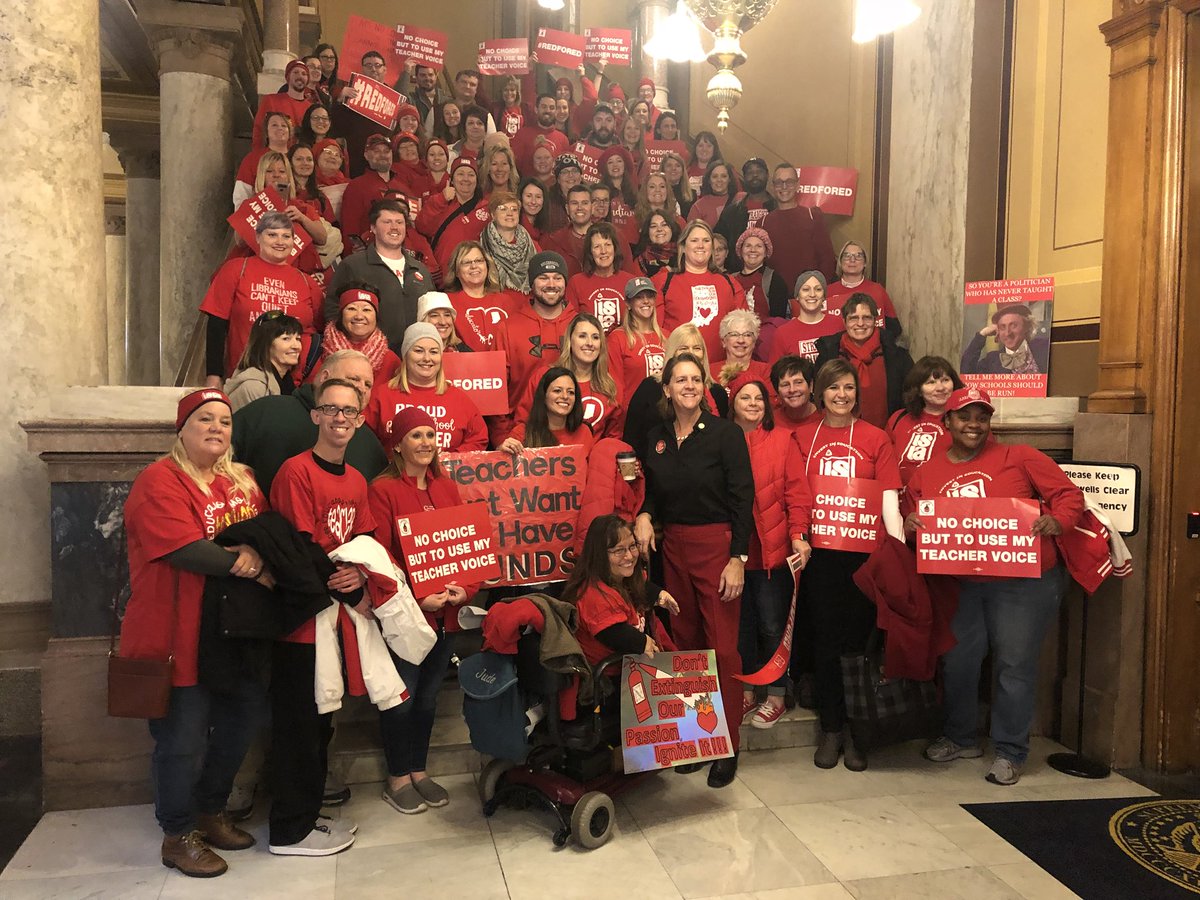 TribStarSue's tweet photo. Vigo County teachers at Red for Ed- with State Rep. Tonya Pfaff at the Statehouse. https://t.co/X7XTje4NjP