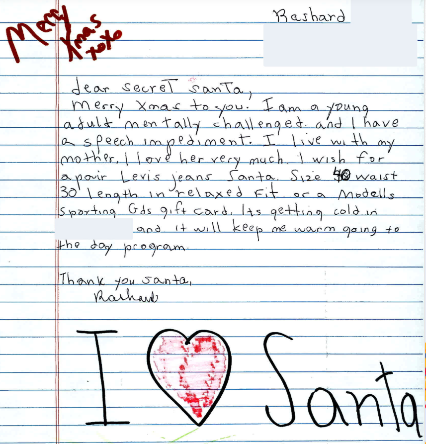 USPSOpSanta's tweet photo. Rashard is a mentally challenged adult. He wants a pair of Levis to keep him warm when he goes to his day program. Go to https://t.co/2GCbTl4Wve to help Rashard and others who have written to Santa asking for assistance this holiday #HelpSantaHelpKids #OneLetterToSantaAtATime https://t.co/CrWtMTq80T