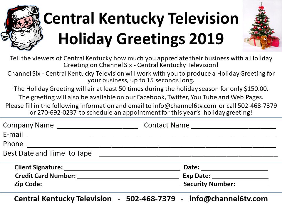 ky_standard's tweet image. #6tv Promote your business this Holiday Season with a Holiday Greeting on Channel Six - Central Kentucky Television. Reach over 13,000 TV households plus several thousand more people on our Facebook, Twitter, Linked In and website for only $150! Call Gar…