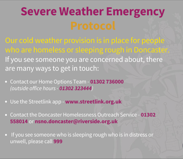 MyDoncaster's tweet photo. Severe Weather Emergency Protocol (SWEP) formally triggered this week meaning even more emergency beds have been put in place for the next three nights ensuring accommodation will be offered to anyone who would be sleeping rough 🛌 https://t.co/09BnZFC2hE