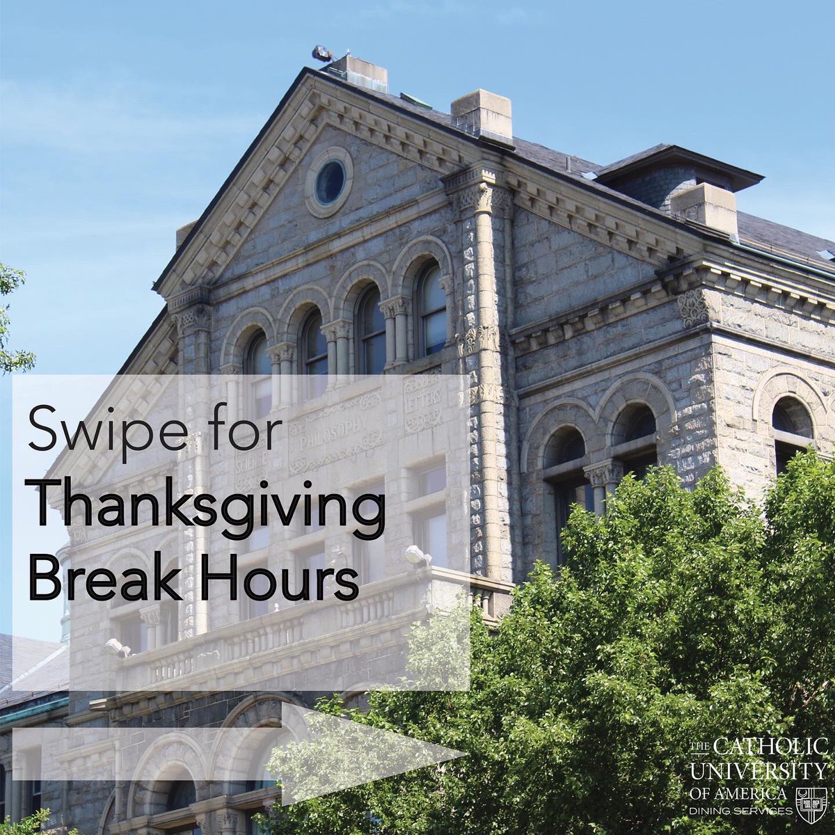 Catholicdining's tweet photo. Thanksgiving Break is only a week away! Swipe to see our Thanksgiving Break hours! 🦃 🌽 🍁 https://t.co/DeaM84MCS7