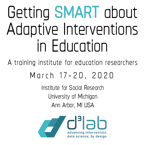 ICPSRSummer's tweet photo. CfA: “Getting SMART About Adaptive Interventions in Education," a workshop on adaptive interventions (AIs) and sequential multiple-assignment randomized trials (SMART) in education. Applications due 12/1/2019. https://t.co/NWZOsLKcAE @umisr https://t.co/w5wmEFwxS8