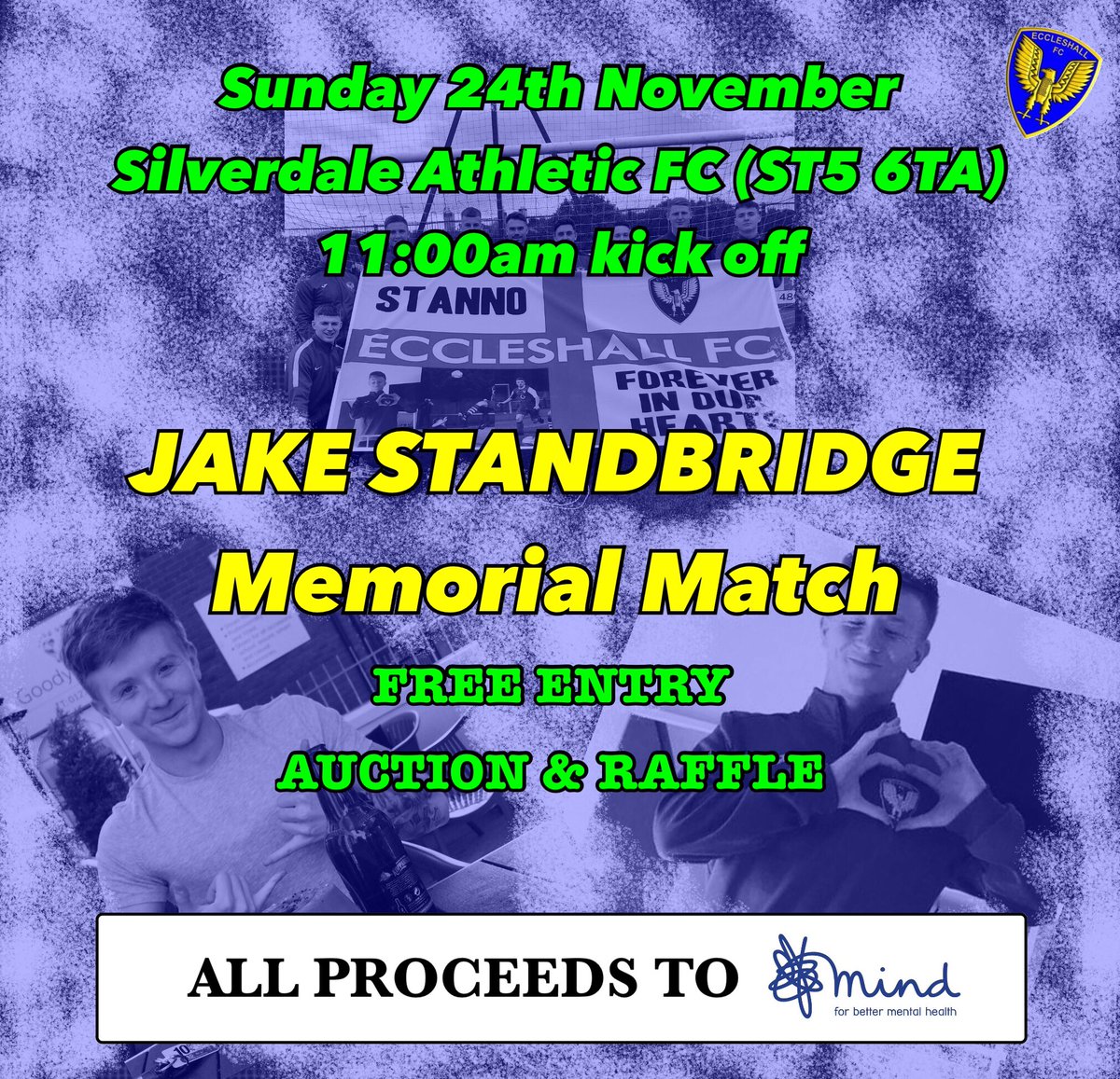 💙JAKE STANDBRIDGE
⚽️ Memorial Match
📆 THIS SUNDAY 11:00AM
✅ Free entry

➡️ Auction
➡️ Raffle
🍺 Drinks

PLEASE COME ALONG &amp; RAISE SOME MONEY FOR THE BRILLIANT <a href="/NorthStaffsMind/">North Staffs Mind</a> <a href="/MindCharity/">Mind</a>