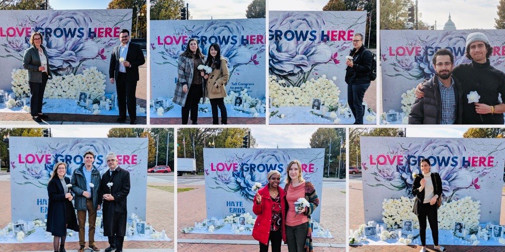 A collage of seven photos shows various people stopping by our Love Grows Here mural outside Union Station in Washington, DC.