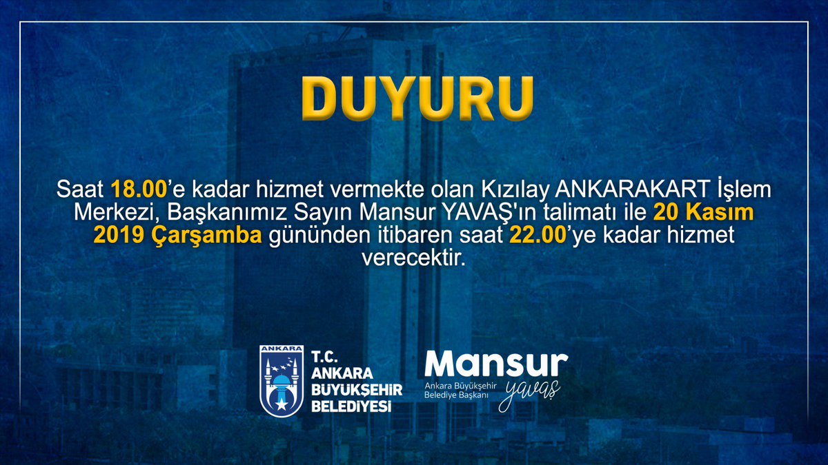 ankarabbld's tweet photo. 📣 Saat 18.00’e kadar hizmet vermekte olan Kızılay ANKARAKART İşlem Merkezi, Başkanımız Sayın @mansuryavas06'ın talimatı ile 20 Kasım 2019 Çarşamba gününden itibaren saat 22.00’ye kadar hizmet verecektir. https://t.co/1fY2rbi6Yl
