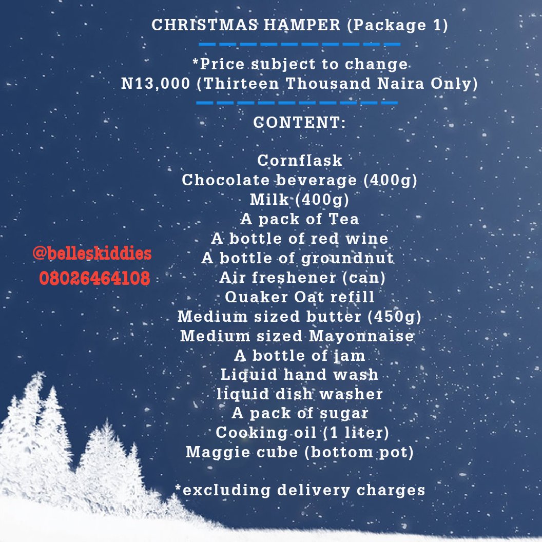 belleskiddies's tweet photo. Please note that your budget would determine what goes into the basket (we can add or subtract 😉) We charge only a token for delivery You need not break a bank to gift something "useful" this season. Contact us on 08026464108
#ChristmasGiftIdea #Christmas2019 #ChristmasShopping https://t.co/rtOqoBVIUc