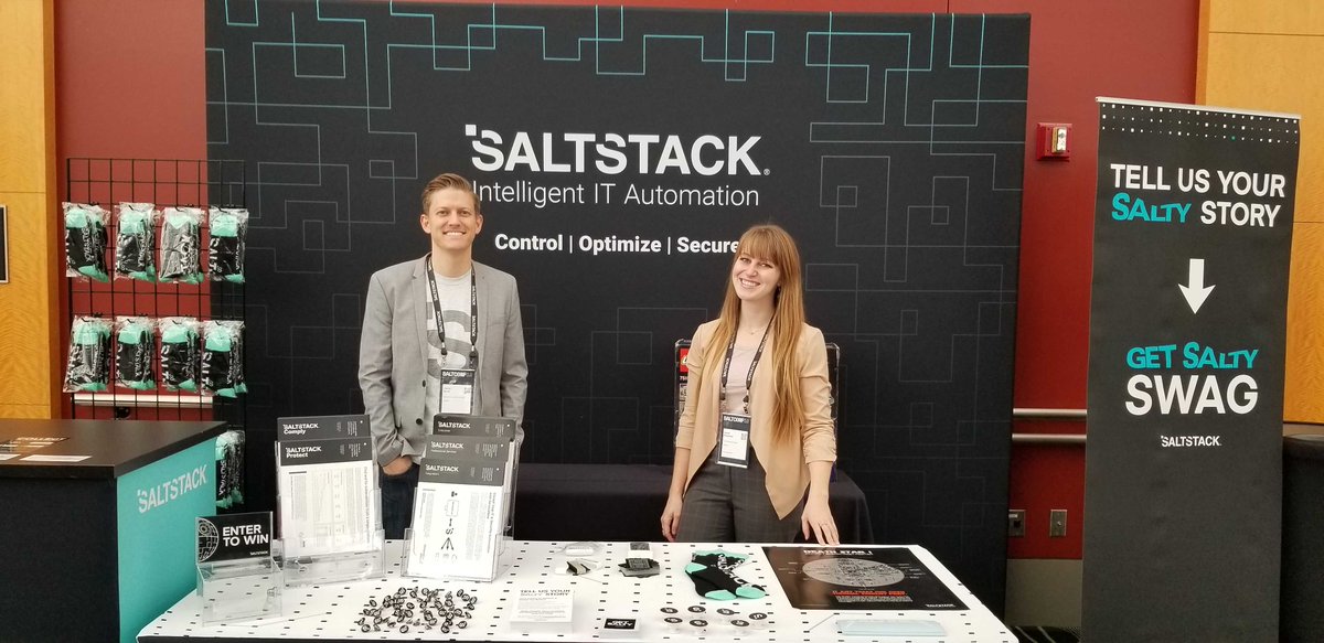 Marketing team Jason and Janae <a href="/janae417/">Janae Andrus Cox</a> hooking everyone up with SaltStack swag at our fantastic user conference! What salty swag did you grab this year?
#SaltConf19 #getsalty