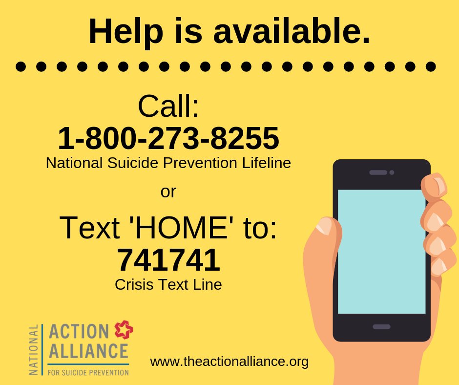 Need help now? Help is available and hope is a reality. Call 800-273-TALK (8255) or text ‘HOME’ to 741741. #suicideprevention <a href="/800273TALK/">The Lifeline</a> <a href="/CrisisTextLine/">Crisis Text Line</a> <a href="/EDCtweets/">edc.org</a> @SPRCtweets <a href="/afspnational/">American Foundation for Suicide Prevention</a> <a href="/AASuicidology/">American Association of Suicidology</a> <a href="/Active_Minds/">Active Minds</a> <a href="/jedfoundation/">JED</a> <a href="/NAMICommunicate/">NAMI</a> <a href="/NIMHgov/">National Institute of Mental Health (NIMH)</a> <a href="/samhsagov/">SAMHSA</a> <a href="/HHSGov/">HHS</a>
