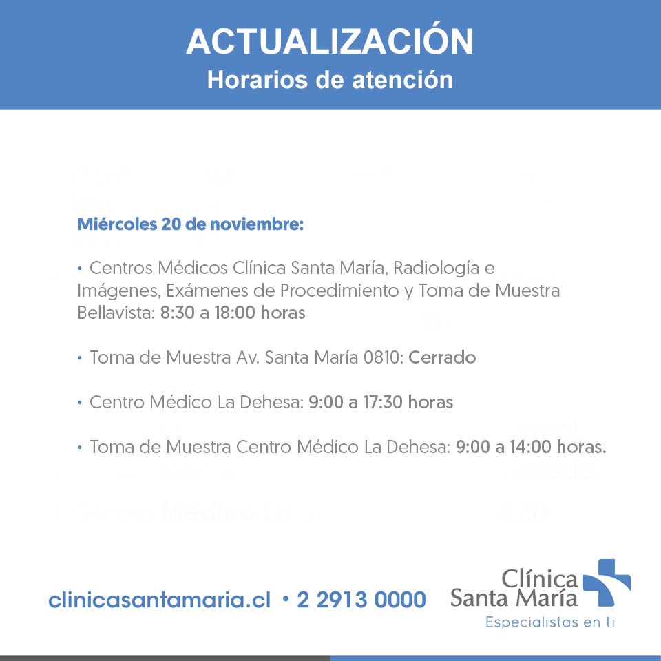 Infórmate sobre los horarios de atención del miércoles 20 de noviembre aquí: bit.ly/33X7Vnl