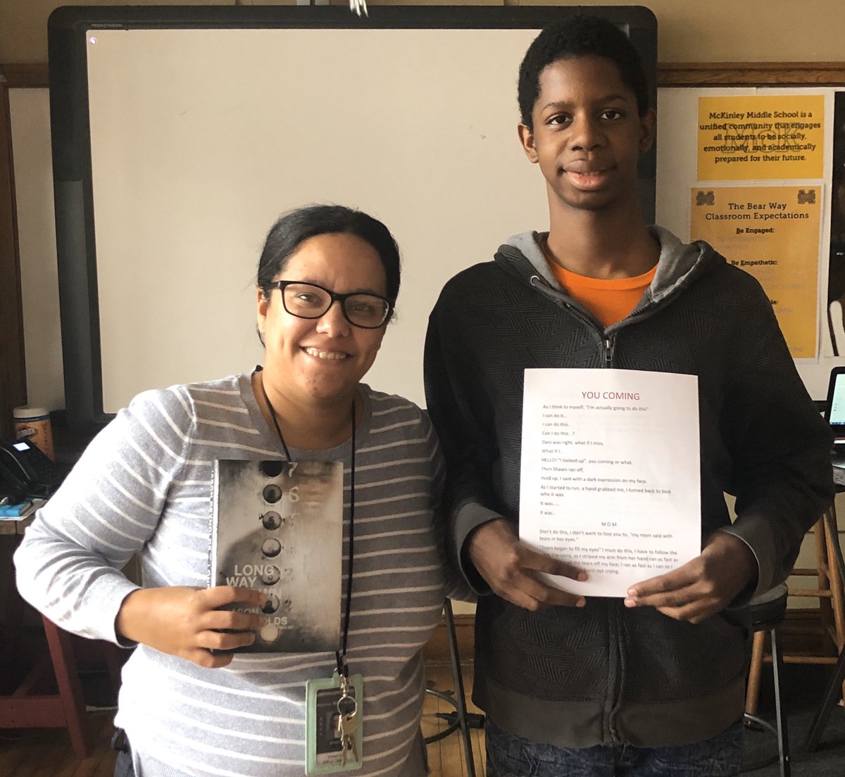 MsKatJHS's tweet photo. @JasonReynolds83 this kid was so excited to finish Long Way Down and write his own ending. His own words, “I wish I could meet him.”  Thank you for the inspiration for young readers. @ProjectLITComm @CRMcKinleyMS #ProjectLITBookClub https://t.co/nql808YLs2