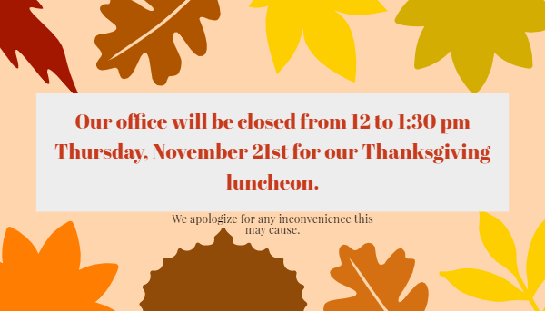 SRCLand's tweet photo. We will be having our office luncheon from 12 to 1:30 pm November 21st. Payments can still be dropped off in the drop box.
Happy Thanksgiving! 🦃 https://t.co/Z9NRXPgriJ