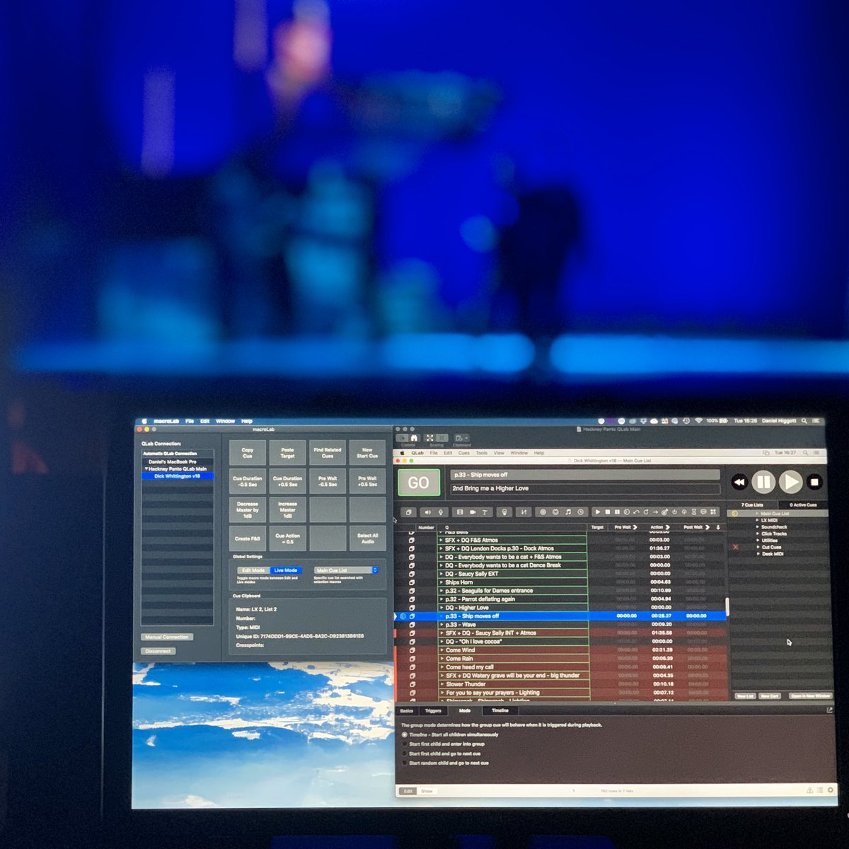 Daniel_Higgott's tweet image. Loving my production desk setup here at the Hackney Empire. @Figure53 QLab programming made even easier with @macroLab_App macros!