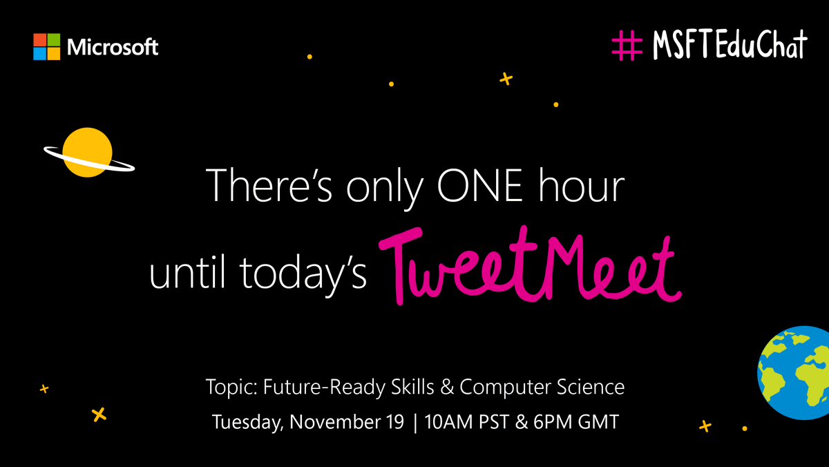 It’s almost time for this month’s #MSFTEduChat TweetMeet! Join the discussion on future-ready skills and computer science using #MSFTEduChat and #MicrosoftEDU. #CS