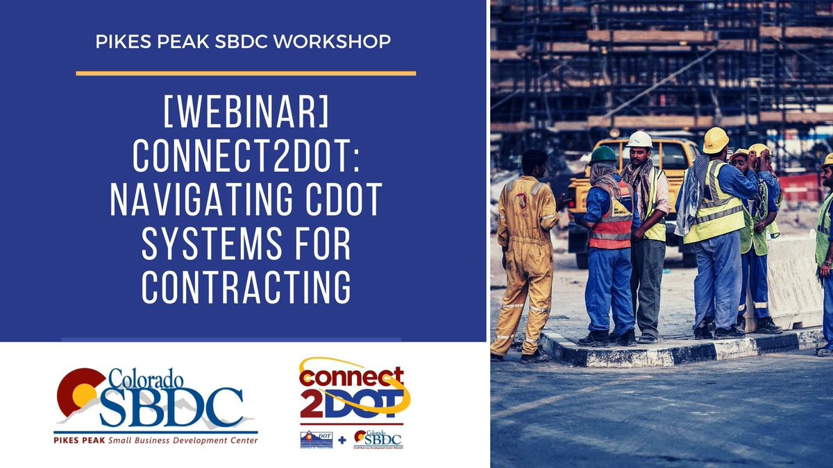 cosbdcpikespeak's tweet photo. In this FREE webinar on 11/26, Connect2DOT Program Manager, Cathy Kramer, will cover the various systems and online resources for doing business with @ColoradoDOT. Register now! https://t.co/WSZF0IcZnc
#PikesPeakSBDC #SBDC #Connect2Dot #CDOT #webinar #training #smallbusiness https://t.co/jYXhNmbV0U