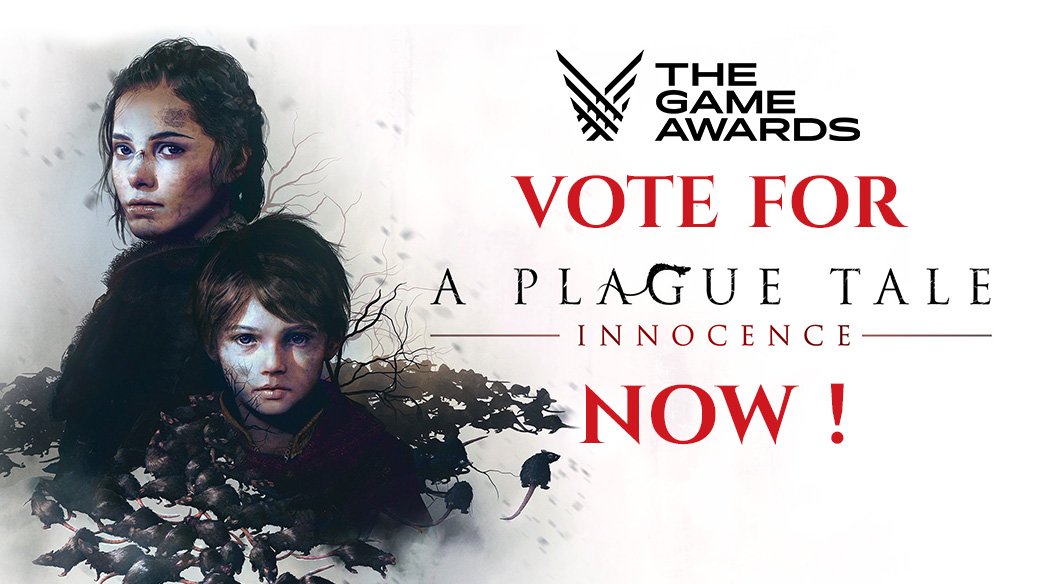 APlagueTale's tweet photo. A Plague Tale: Innocence is nominated for Best Narrative in @thegameawards! 

Show your support for Amicia, Hugo and the whole @AsoboStudio Team by voting here #TheGameAwards 🐀🗳️https://t.co/cW8ya5cD8q https://t.co/tnBFFN2V07