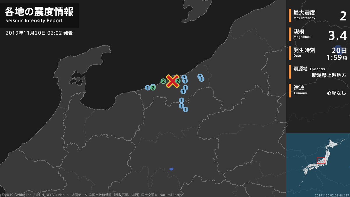 【各地の震度 2019年11月20日】
震度2：
［新潟県］糸魚川市大野、糸魚川市能生、上越市中ノ俣