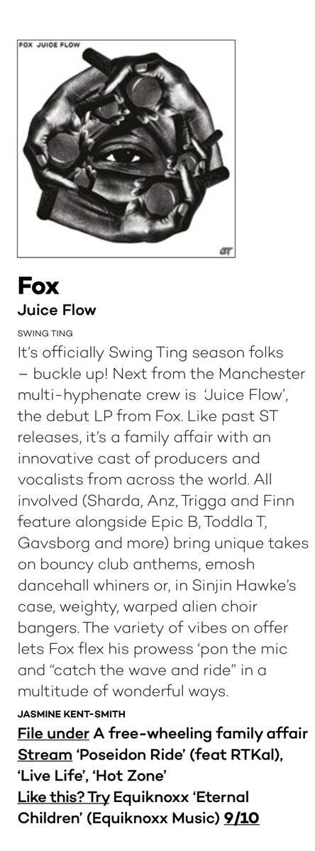 SwingTing's tweet photo. Fox's Juice Flow is a featured album in this month's @Mixmag receiving 9⃣/🔟 📰

Shout to @jasmine_ks on the ✏️

+ nice tip to check @Equiknoxx_Music's Eternal Children album if you haven't already too 💛 https://t.co/Ecuq3j1XLn