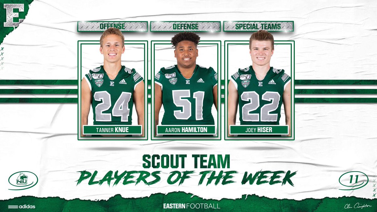 EMUFB's tweet photo. Week 11 (vs NIU) Scout Team Players of the Week are...

Offense: Tanner Knue (@tannerknue)
Defense: Aaron Hamilton (@Aaron_jchs19)
Special Teams: Joey Hiser (@joeyhiser7)

#ETOUGH ⛓ | #BeatNIU https://t.co/wcjQfsYEBF