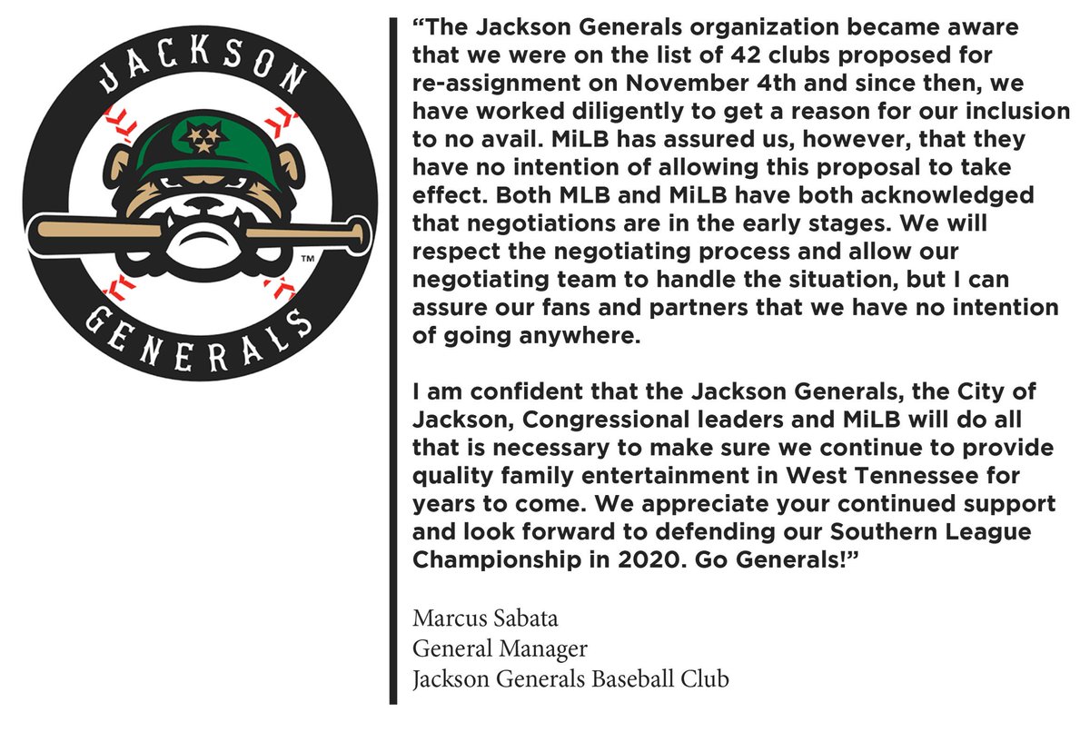 Our statement in response to MLB's proposed contraction of Minor League Baseball and its implications towards the Generals. We are #JacksonProud.