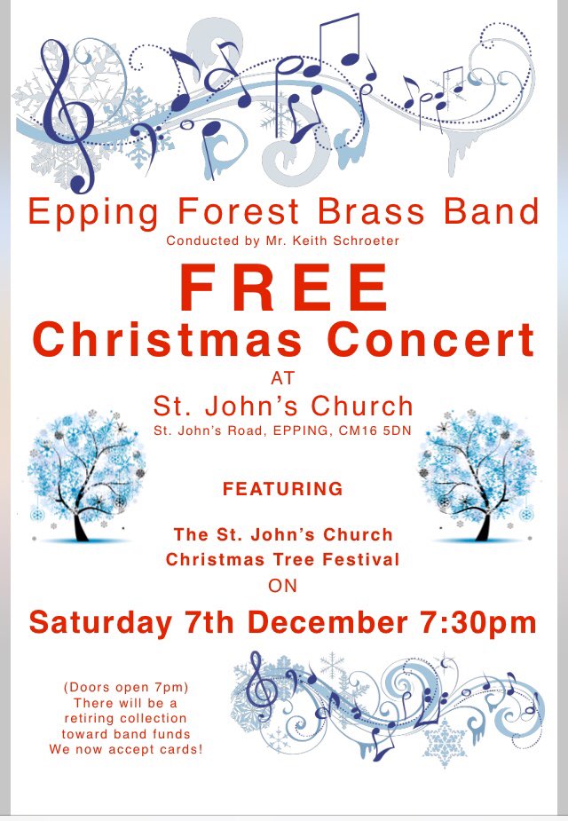 Our Christmas concert is on Saturday 7th December at 7.30pm at St John’s Church Epping. All welcome #Epping #concert #music #essex #brassbands #christmas