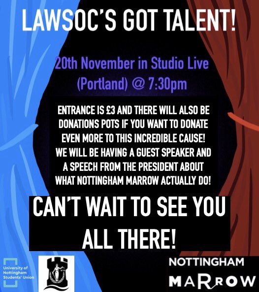 We're one day away from our first collaboration with the University of Nottingham Law Society!🖤❤️💙Entrance is £3 - that can be cash or via donation to our JustGiving page. Super excited to see you all there and see who takes the crown!👑