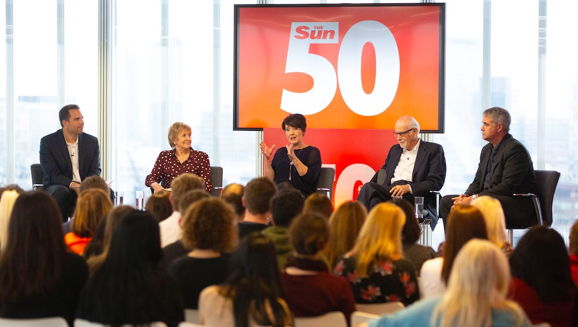 NewsUK's tweet photo. It was great to hear from our @TheSun Legends @danwootton @DearDeidre @lisaminot @trevor_kavanagh and @shauncustis at our Sun Legends event in #TheNewsBuilding this afternoon to celebrate The Sun at 50! https://t.co/ufJjFvgX27
