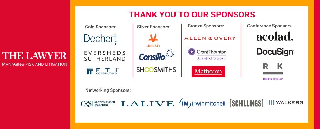 TheLawyerevents's tweet photo. Huge thanks to all our #MRL19 sponsors! @dechertllp, @Esgloballaw, @FTIConsulting, @Augustafinance, @ConsilioGlobal, @ShoosmithsLaw, @AllenOvery, GrantThorntonUK, @MathesonLaw, @AcoladGroup, @DocuSign and @RoslingKing. The conference couldnโt happen without you! https://t.co/586ljXB1GQ