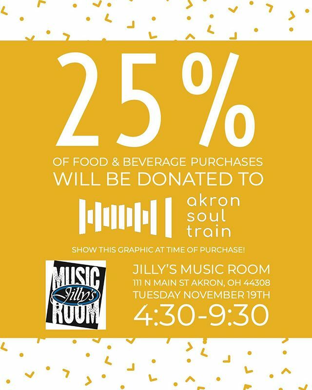 Tonight’s the night! It’s Akron Soul Train night at Jilly’s Music Room. Show this graphic to your server, and 25% of your food and beverage purchase will be donated to Akron Soul Train. ift.tt/2KCdnV9