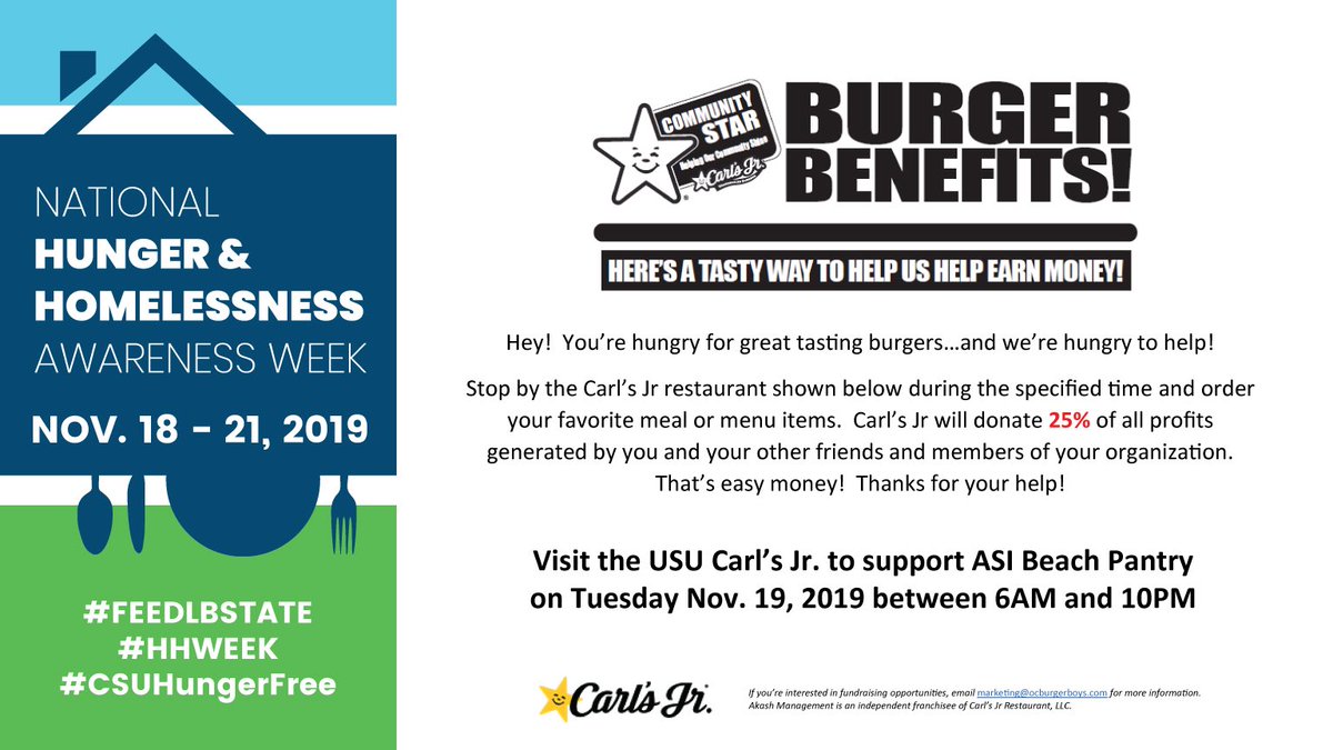 BasicNeedsCSULB's tweet photo. Itโs day 2 of Hunger and Homelessness Awareness Week! Eat at the Carlโs Jr. in the student union today to support the Beach Pantry. #FeedLBState #HHWeek #CSUHungerFree https://t.co/vbMuHkxL8Z