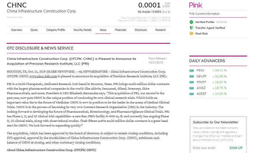 momostockspick's tweet photo. $CHNC .0001 ๐๏ธโโ๏ธ๐๏ธโโ๏ธ Ready to go ๐๐๐
China Infrastructure Construction Corp. (OTCPK: $CHNC) is Pleased to Announce its Acquisition of Precision Research Institute, LLC (PRI)
@frontpagestocks
#Lottopick #pennystockplay $COLL $ANIP $EGRX $MYL $OSUR $PODD $TNDM $BIO $EW $ABT $MDT https://t.co/afdF1xxKrr