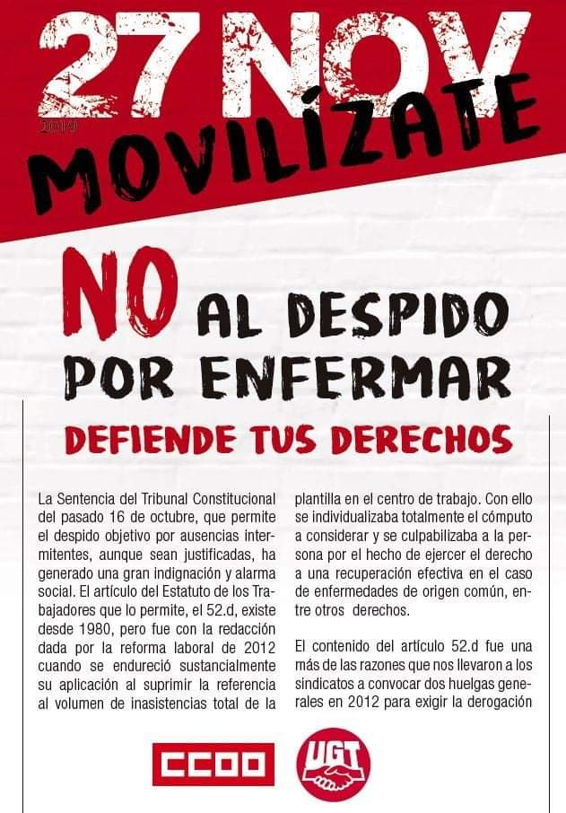 VictorTirado13's tweet photo. La reforma laboral solo ha servido para fomentar el despido y desregular las relaciones laborales
 El #27N  movilizate contra la sentencia del @TConstitucionE
#NoAlDespidoPorEnfermar 
@UGT_Andalucia @UGT_Comunica https://t.co/gnHr5bgdzk