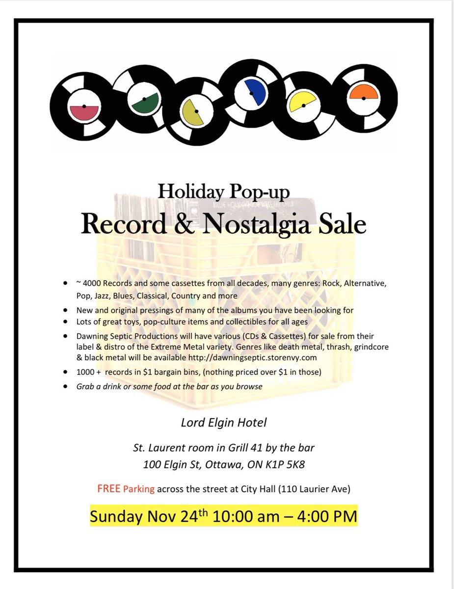hellomikeb's tweet photo. Record sale Nov 24th at the Lord Elgin Hotel.  #ottawavinyl #grill41 #ottawaevents #ottawarecordcollector https://t.co/gVSWuqgGjg