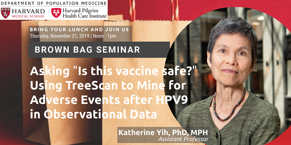 DeptPopMed's tweet photo. Join us here @DeptPopMed this Thursday, 11/21 at noon for the next Brown Bag Seminar. @CHeRP_DPM's Katherine Yih discusses using #TreeScan to mine observational data for adverse events after #HPV9. Bring your lunch and join us!
For more on Dr. Yih's work: https://t.co/kBqBvAmloV https://t.co/VNPbZIJL18