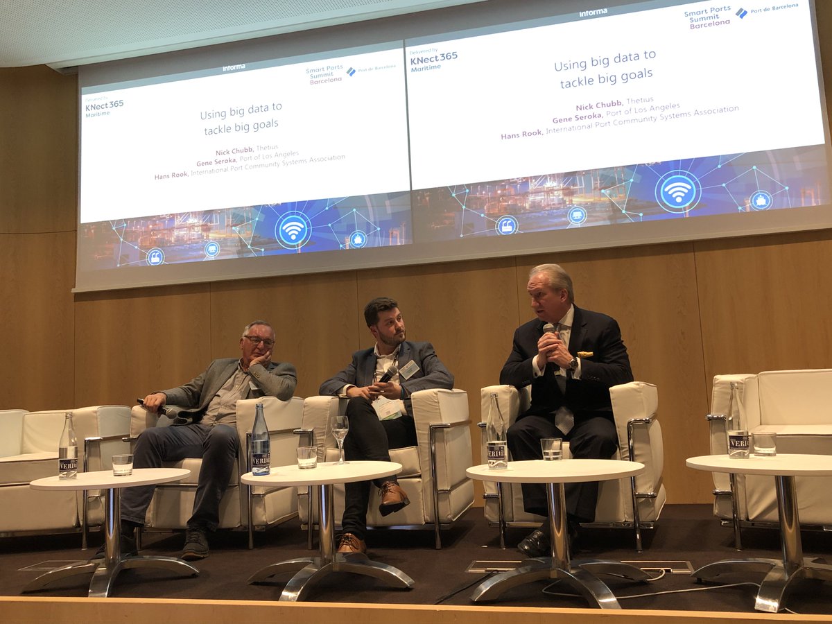 PortofLA's tweet photo. Speaking at the Smart Ports Summit in Barcelona, #PortofLA Executive Director Gene Seroka shares how #PortOptimizer is now capturing data on 95% of imports coming to our terminals. @SmartCityexpo #SCEWC19 #SerokaOnTrade https://t.co/JYYZFDVTO0