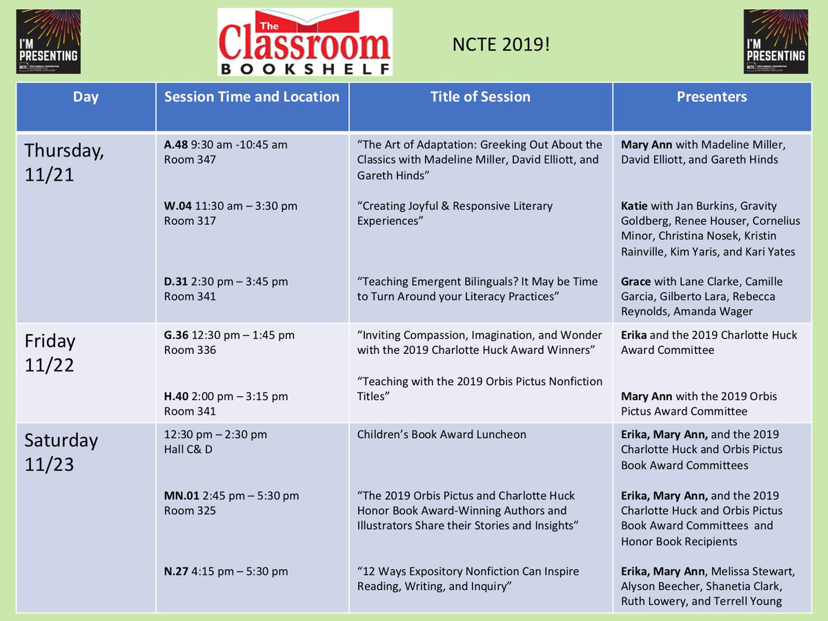 Classroom Bookshelf (@clssrmbkshlf) on Twitter photo Here's where the <a href="/clssrmbkshlf/">Classroom Bookshelf</a> team from <a href="/sljournal/">SchoolLibraryJournal</a> will be during #NCTE19! If you're a fan of the blog, we'd love to talk to you! Come join us if you can. Here's where the <a href="/clssrmbkshlf/">Classroom Bookshelf</a> team from <a href="/sljournal/">SchoolLibraryJournal</a> will be during #NCTE19! If you're a fan of the blog, we'd love to talk to you! Come join us if you can.
