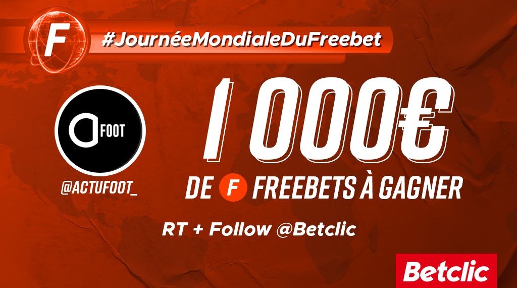 ActuFoot_'s tweet photo. Bon, les parieurs, y'a du lourd là... 😁

10 x 100€ de Freebets à gagner à l'occasion de la #JourneeMondialeDuFreebet 🤑

🔁 RT + FOLLOW @Betclic et @ActuFoot_ 

Bonne chance. 😎 https://t.co/RyO01Zbmn8