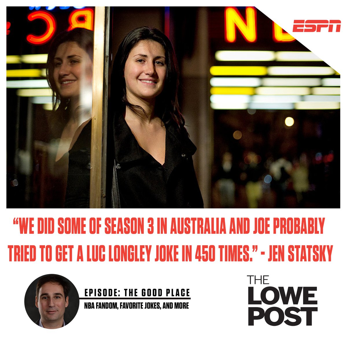 espnpodcasts's tweet photo. .@ZachLowe_NBA talks to "The Good Place" creator Michael Schur and writers Joe Mande and Jen Statsky about their #NBA fandom, their favorite jokes in the history of the show, and behind-the-scenes stories.
#TheLowePost
LISTEN: https://t.co/wG6Wq8j0JG https://t.co/lZDHBLo0cx