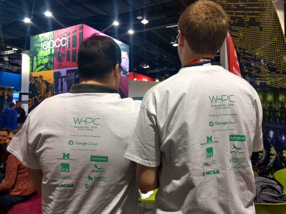 EPCCed's tweet photo. EPCC's Ben Morse and Darren White rocking the @women_in_hpc Diversity Day t-shirts @Supercomputing. That's right, today is Diversity Day at #SC19! Get involved! #diversityandstem #inclusivestem #womenintech #diversitytech https://t.co/5COuRifllL