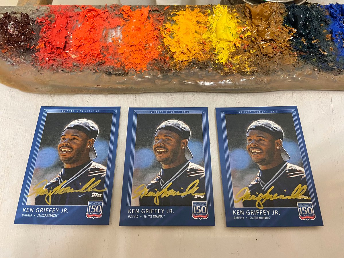 ICYMI: Follow me and retweet this before Friday, November 22, 9:00 PM EDT, and I'll pick three random winners. Each will receive a Ken Griffey Jr. <a href="/Topps/">Topps</a> card signed by the guy who painted it (me)!