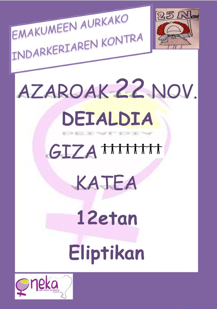 OnekaEmakumeak's tweet photo. Azaroaren 22an, beste behin kalean ikusiko dugu elkar! #azaroak22 #azaroak25 #denaesanadagodenadagoegiteke #denaesanadago https://t.co/ztpmE1Crcq