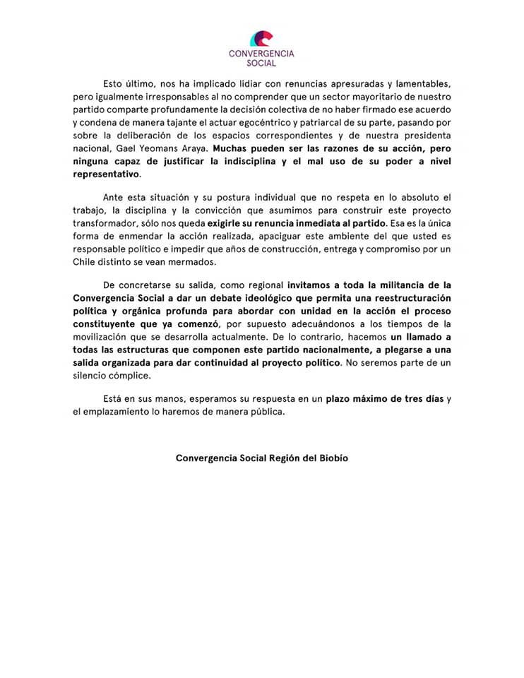 CS_BioBio's tweet image. Como Regional Biobío de Convergencia Social, compartimos postura en torno a la crisis que atraviesa nuestro partido luego del acuerdo firmado por el diputado @GabrielBoric.
Le hemos hecho llegar personalmente la siguiente carta exigiendo su renuncia inmediata.
#RenunciaBoric