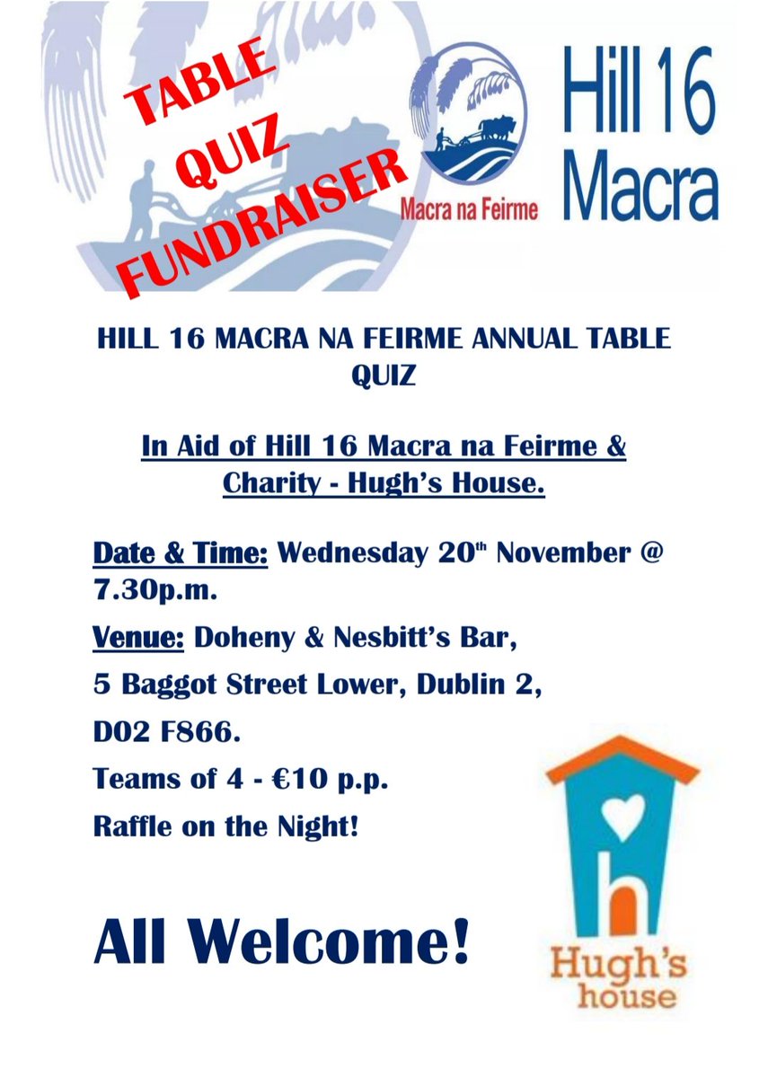 Let's get quizzical! Just a reminder that our annual fundraiser for both club &amp; <a href="/hughshouse/">Hugh's House</a> takes place in @Nesbittsdublin 2mro @ 7.30pm. Please come and support😁 #macra #hughshouse #charity #quiz #raffle