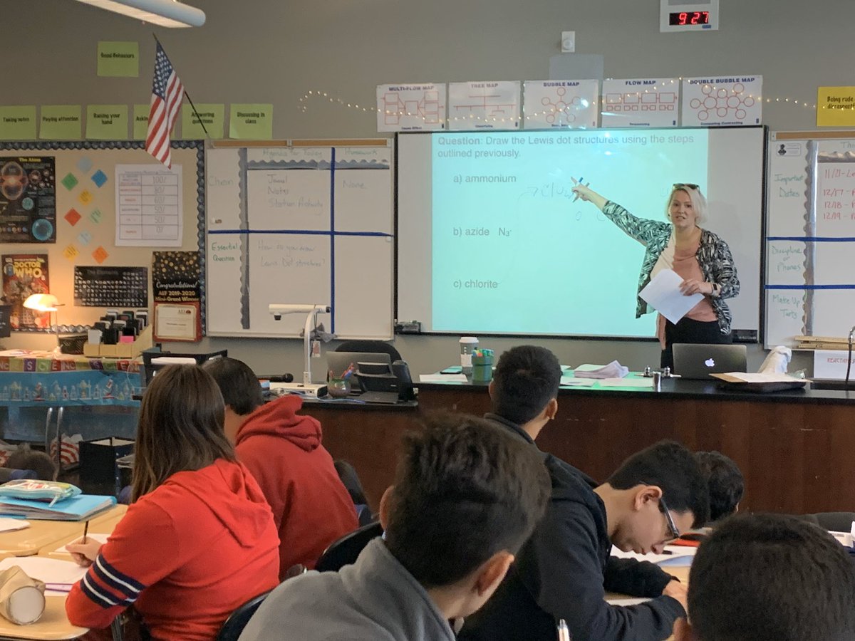 Guess who stopped by our chemistry class to teach Lewis Dot structures? Our lovely principal @themsdillman ! Thanks for stopping by! Our kids are lucky to have you as their principal. #ahs