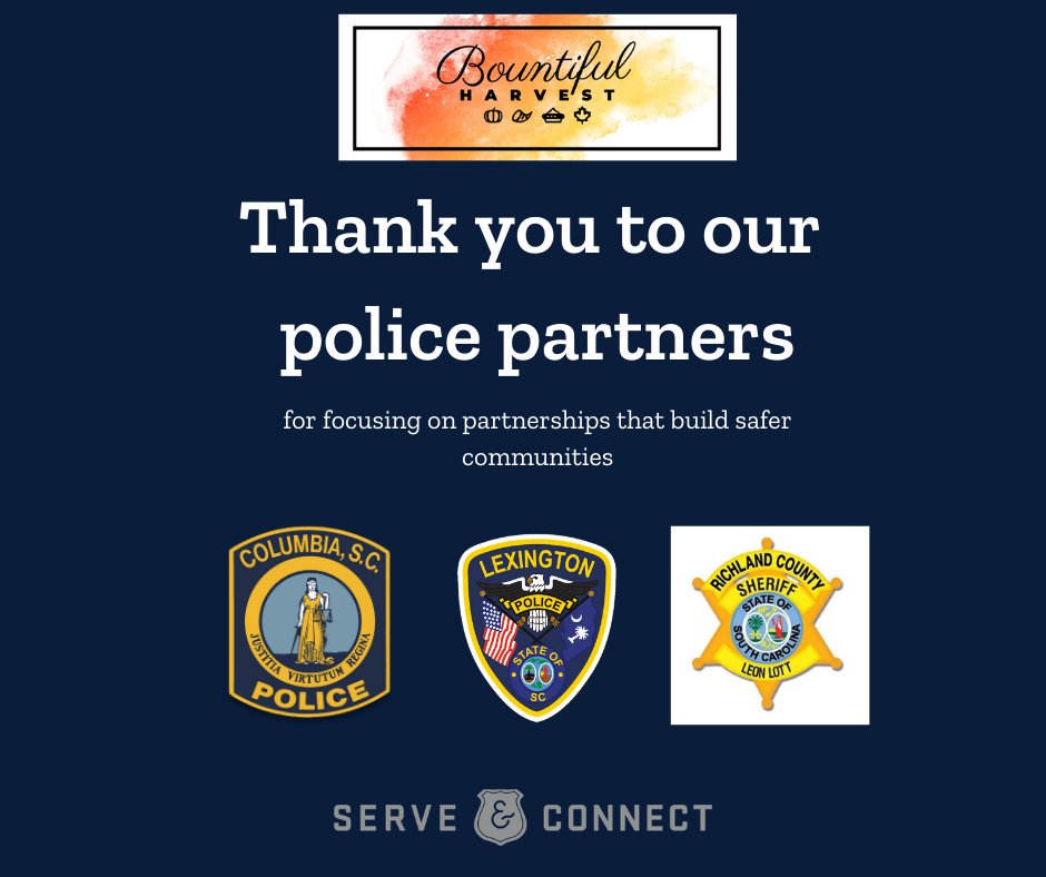 As we prepare for Bountiful Harvest, we want to celebrate our outstanding police partners. Thank you <a href="/LexingtonPD/">Lexington Police(SC)</a>, <a href="/ColumbiaPDSC/">Columbia Police Dept</a> and <a href="/RCSD/">Richland County Sheriff's Dept.</a> for your commitment to building safer communities through partnership.