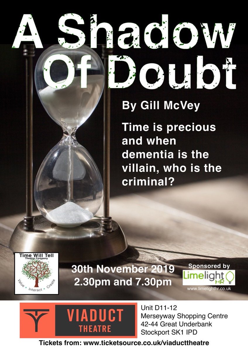 Don't miss <a href="/gillmcvey/">Gill McVey</a>'s <a href="/AShadowOfDoubt1/">A Shadow Of Doubt</a>
4**** reviews <a href="/edfringe/">Edinburgh Festival Fringe</a> 2019 
The play is a touching trip down a defenceless and deranged memory lane.
Get down to <a href="/viaduct_theatre/">Viaduct Theatre Stockport</a> early &amp; hear me read a bit of #Poetry 
Tickets. ticketsource.co.uk/viaducttheatre