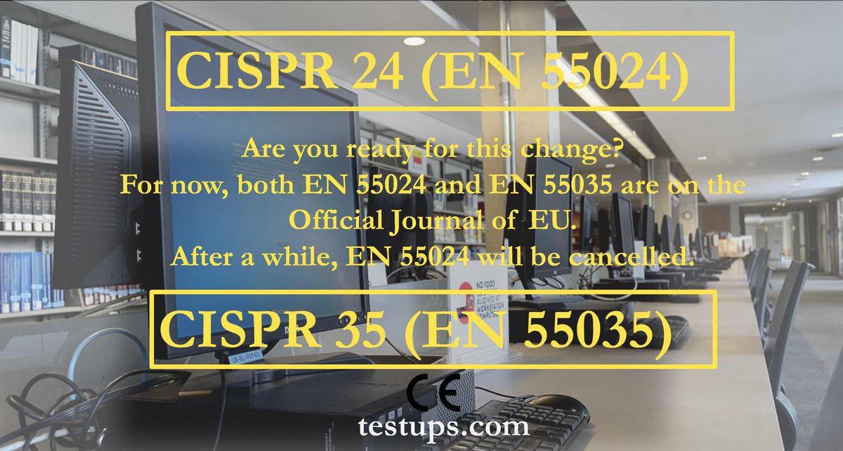testups18's tweet photo. Are you ready for this change? For now, both EN 55024 and EN 55035 are on the OJ of EU. After a while,EN 55024 will be cancelled. Read more: https://t.co/xGACxul1X5
#en55024 #en55035 #cispr24 #cispr35 #EMC #RED #emcdirective #emctesting #immunity #radioequipmentdirective #testups https://t.co/Cc2wQMyCME