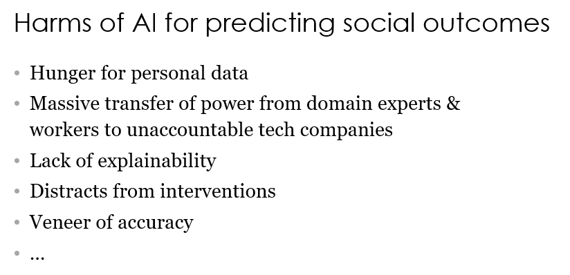 Key point #3: transparent, manual scoring rules for risk prediction can be a good thing! Traffic violators get points on their licenses and those who accumulate too many points are deemed too risky to drive. In contrast, using “AI” to suspend people’s licenses would be dystopian.