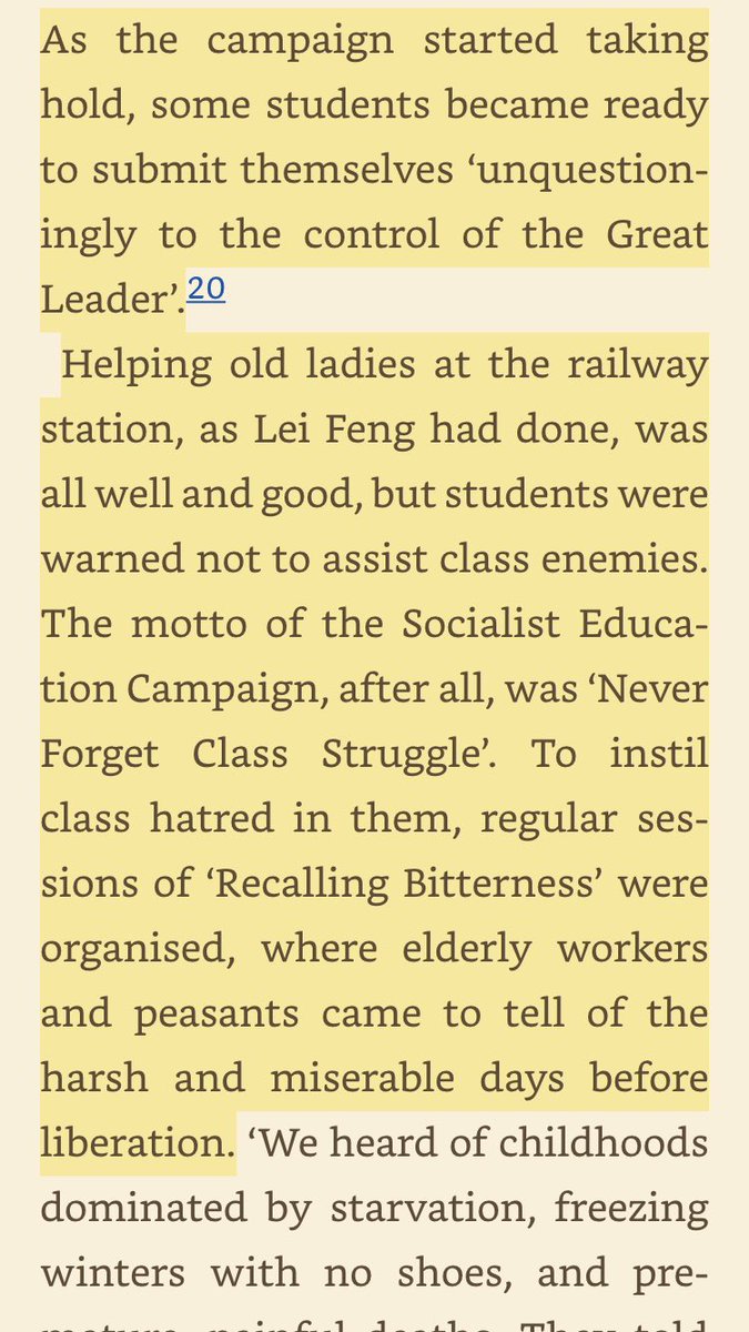 "students were warned not to assist class enemies. The motto of the Socialist Education Campaign, after all, was ‘Never Forget Class Struggle’. To instill class hatred in them, regular sessions of ‘Recalling Bitterness’ were organised" https://www.goodreads.com/book/show/26073079-the-cultural-revolution