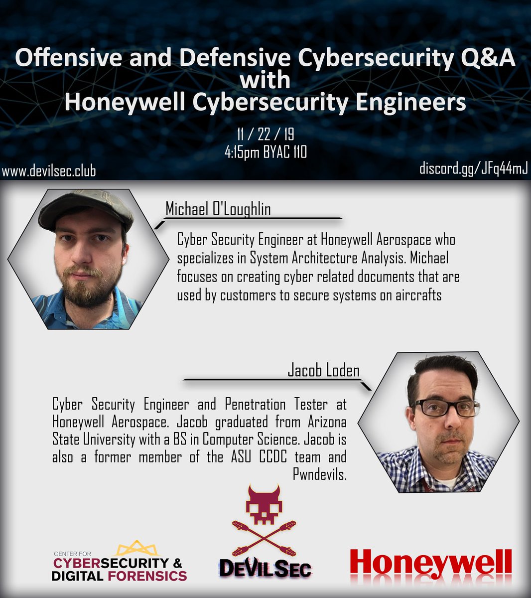 DevilSecASU's tweet photo. Honeywell Cybersecurity Engineers - Offensive and Defensive Security Talk - DevilSec &amp; CDF @ASU @honeywell @asu_gsi @CIDSEASU https://t.co/6GAiwpaKDJ